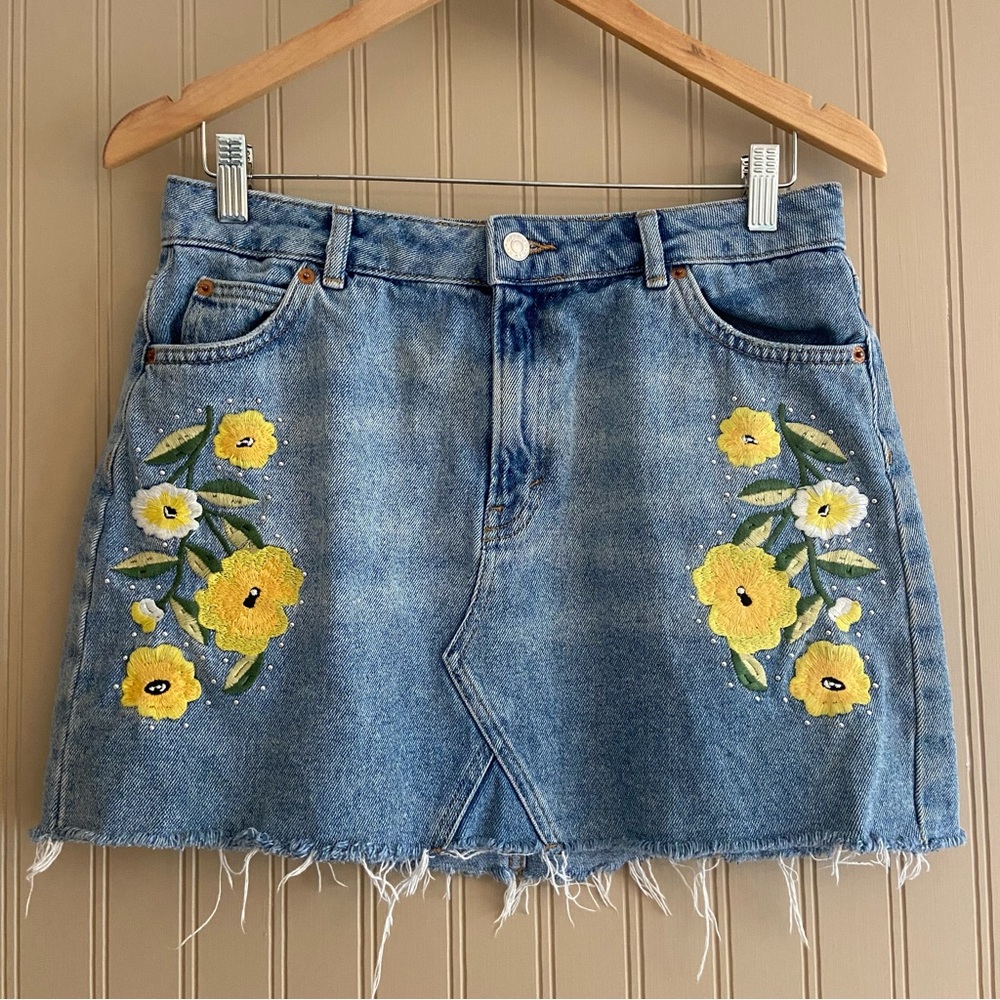 Topshop Blue Denim Mini Skirt with Yellow Floral Embroidery